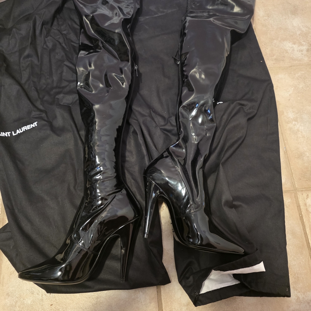 Saint Laurent Black Patent Leather Over-the-Knee Stiletto Boots
